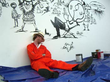 The boy burns bright and fast. At the half hour mark, Tom takes a much needed power nap. (Check out the finished mural here).