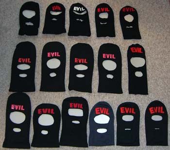 The evolution (surely evilution - balaclava puns ed.) of the balaclava from top left (our testing balaclava) to bottom right (the latest version)