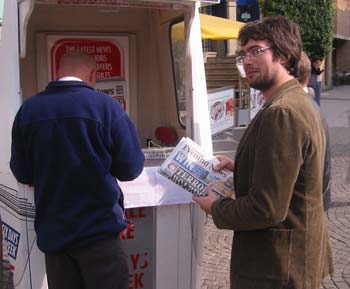 Shifty, unshaven terrorist-loving freak tries to surpress the story by buying all the papers.