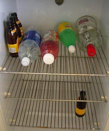 Our LA fridge: one bottle of vodka, 4 bottles of white russian mix, one water, two juice.