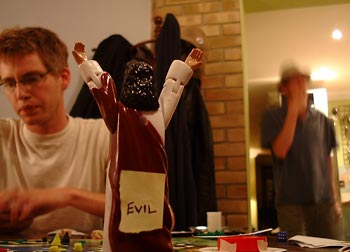 In pre-balaclava days, we used an action figure Jesus to show who was evil. This is from our third ever game on 16 August 2004.