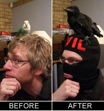 A quick demonstration of the powers of EVIL, we see Tom at the outset of the game (left) and after being EVIL four times in a row (right). Let that be a warning, kids.