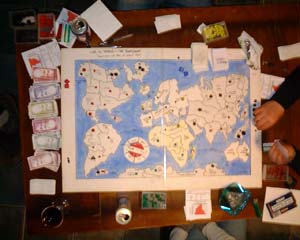 General chaos on and around the board. Note Karl lining up his terrorists on the right.