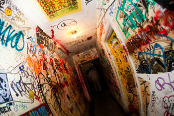 Colourful corridoors in the dark depths of the Foundry.