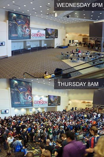 Another before-and-after shows the entrance the evening before and then almost two hours before opening. Gamers are crazy.