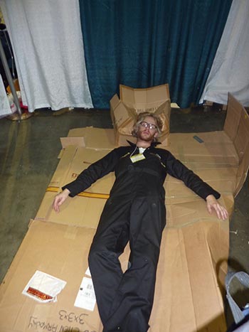 And relax. It's over. Tom's patented cardboard bed fares well in early tests.