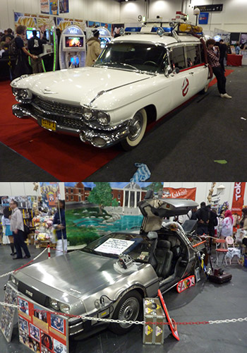 The real stars of the show - Ecto1 from Ghostbusters and the Delorian from Back to the Future II