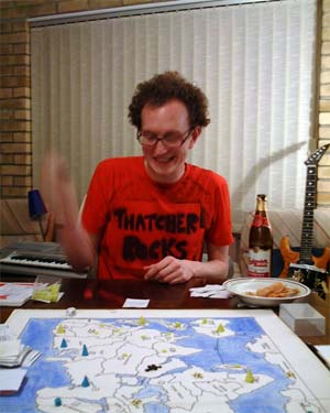 Thinking he's in the running, but that's before a load of cities are sold. We then changed the rules to make sure no one can beat us like that again.