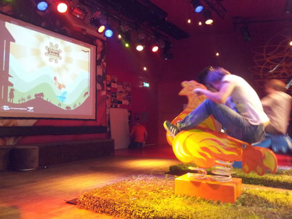 ... those chickens on the screen there. The faster you rock, the faster your chicken goes. Amazingly, no casualties all evening.